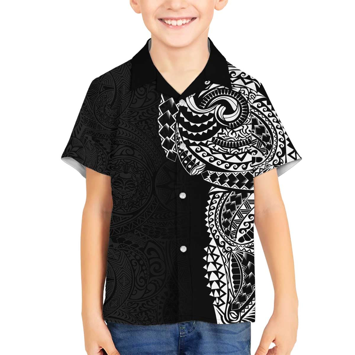 Polynesian Art Traditional Tattoo Pattern Family Matching Off Shoulder Short Dress and Hawaiian Shirt