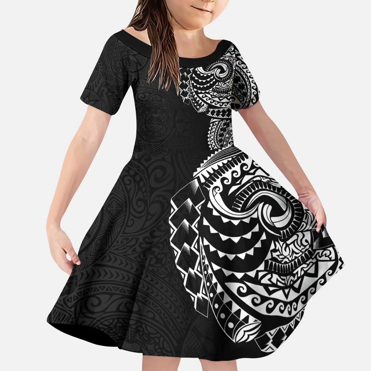Polynesian Art Traditional Tattoo Pattern Kid Short Sleeve Dress