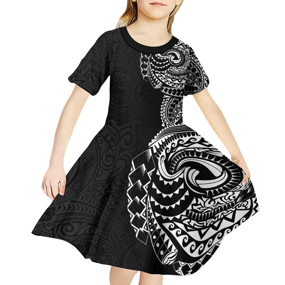 Polynesian Art Traditional Tattoo Pattern Kid Short Sleeve Dress