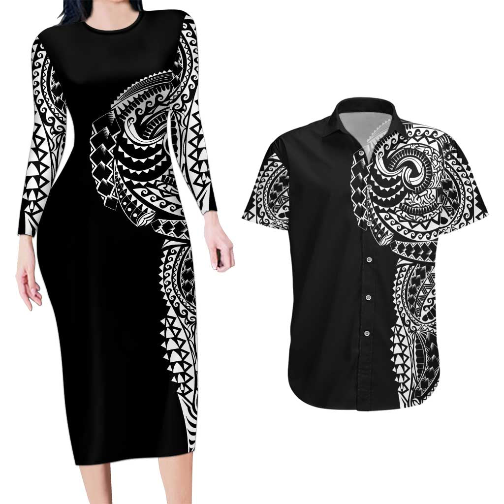 Polynesian Art Traditional Tattoo Couples Matching Long Sleeve Bodycon Dress and Hawaiian Shirt Simple Style