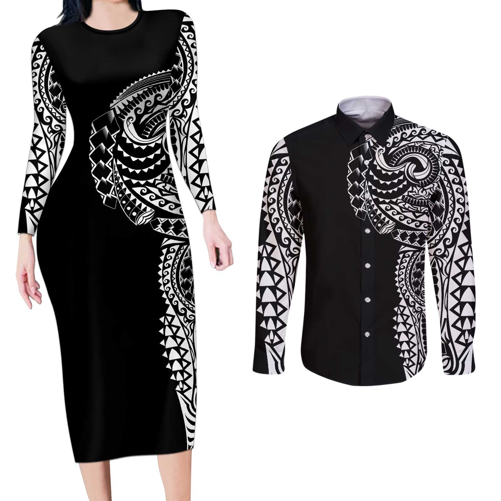 Polynesian Art Traditional Tattoo Couples Matching Long Sleeve Bodycon Dress and Long Sleeve Button Shirt Simple Style