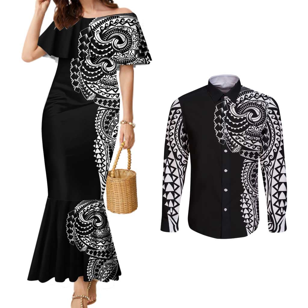 Polynesian Art Traditional Tattoo Couples Matching Mermaid Dress and Long Sleeve Button Shirt Simple Style
