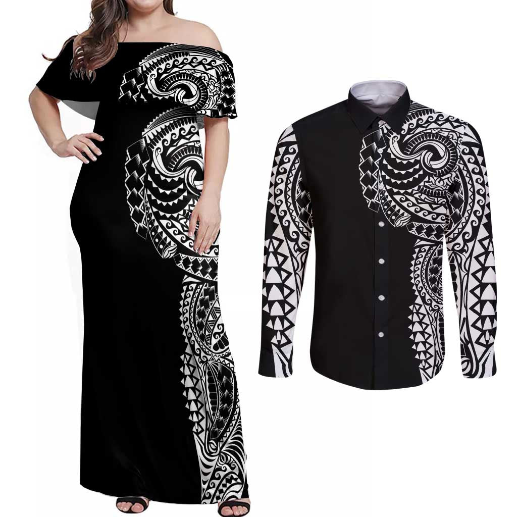 Polynesian Art Traditional Tattoo Couples Matching Off Shoulder Maxi Dress and Long Sleeve Button Shirt Simple Style