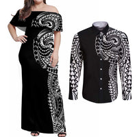 Polynesian Art Traditional Tattoo Couples Matching Off Shoulder Maxi Dress and Long Sleeve Button Shirt Simple Style