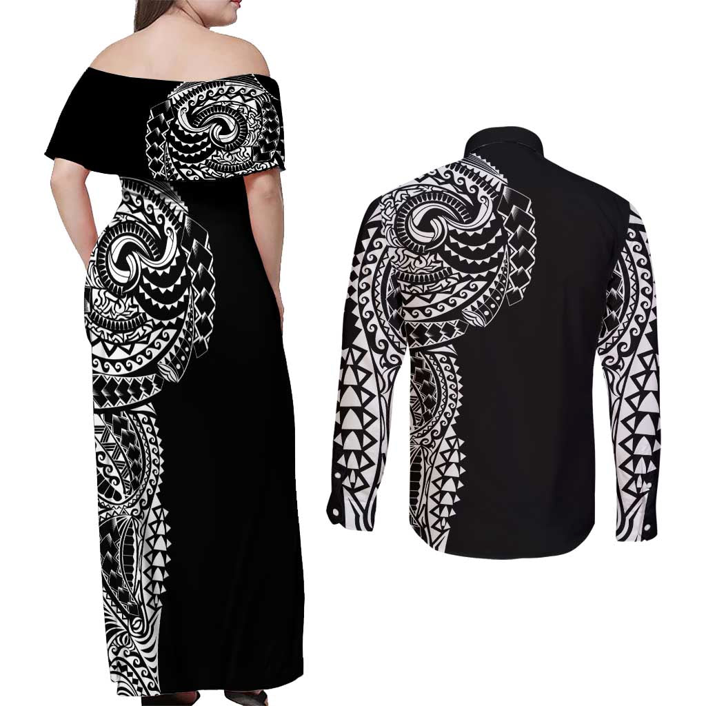 Polynesian Art Traditional Tattoo Couples Matching Off Shoulder Maxi Dress and Long Sleeve Button Shirt Simple Style