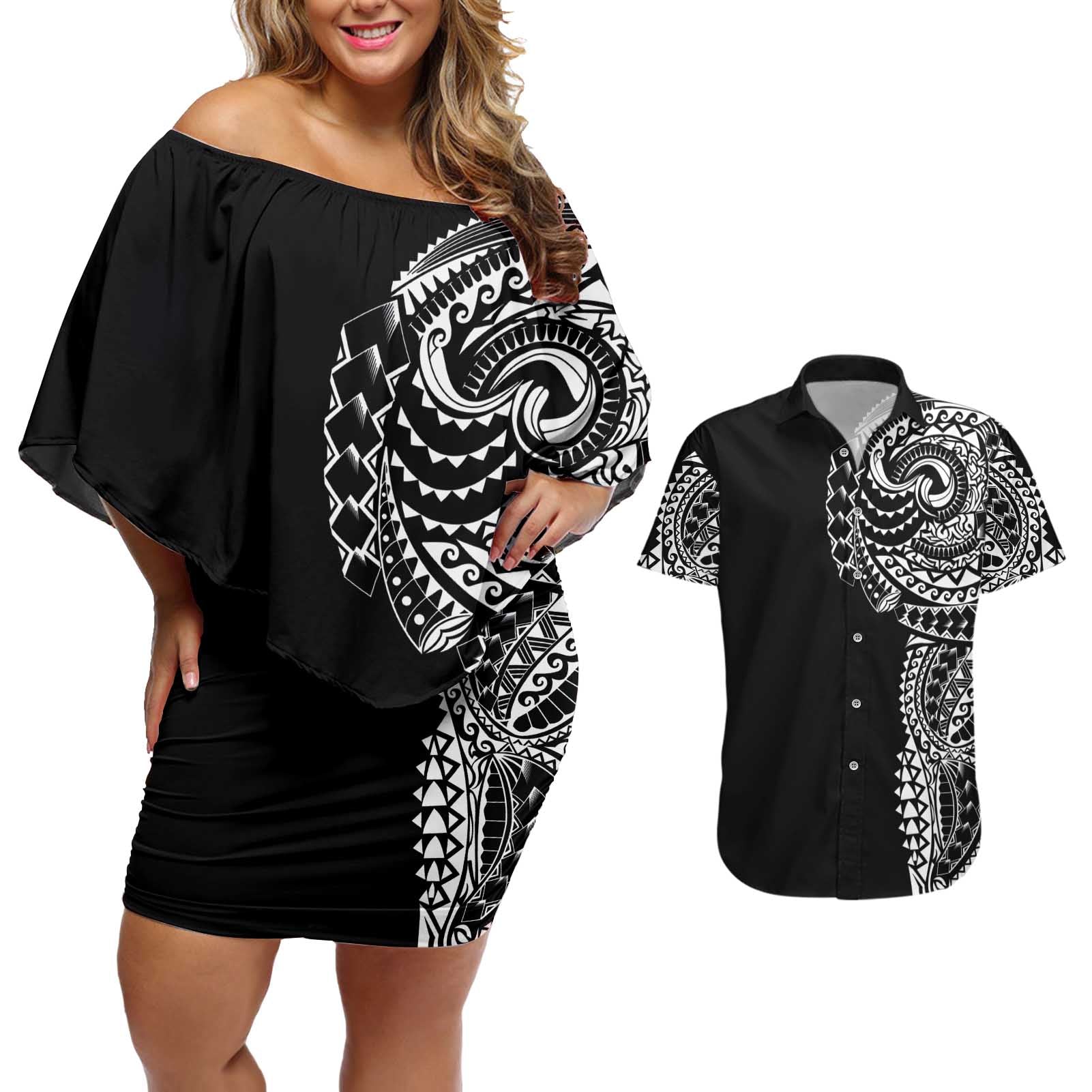 Polynesian Art Traditional Tattoo Couples Matching Off Shoulder Short Dress and Hawaiian Shirt Simple Style