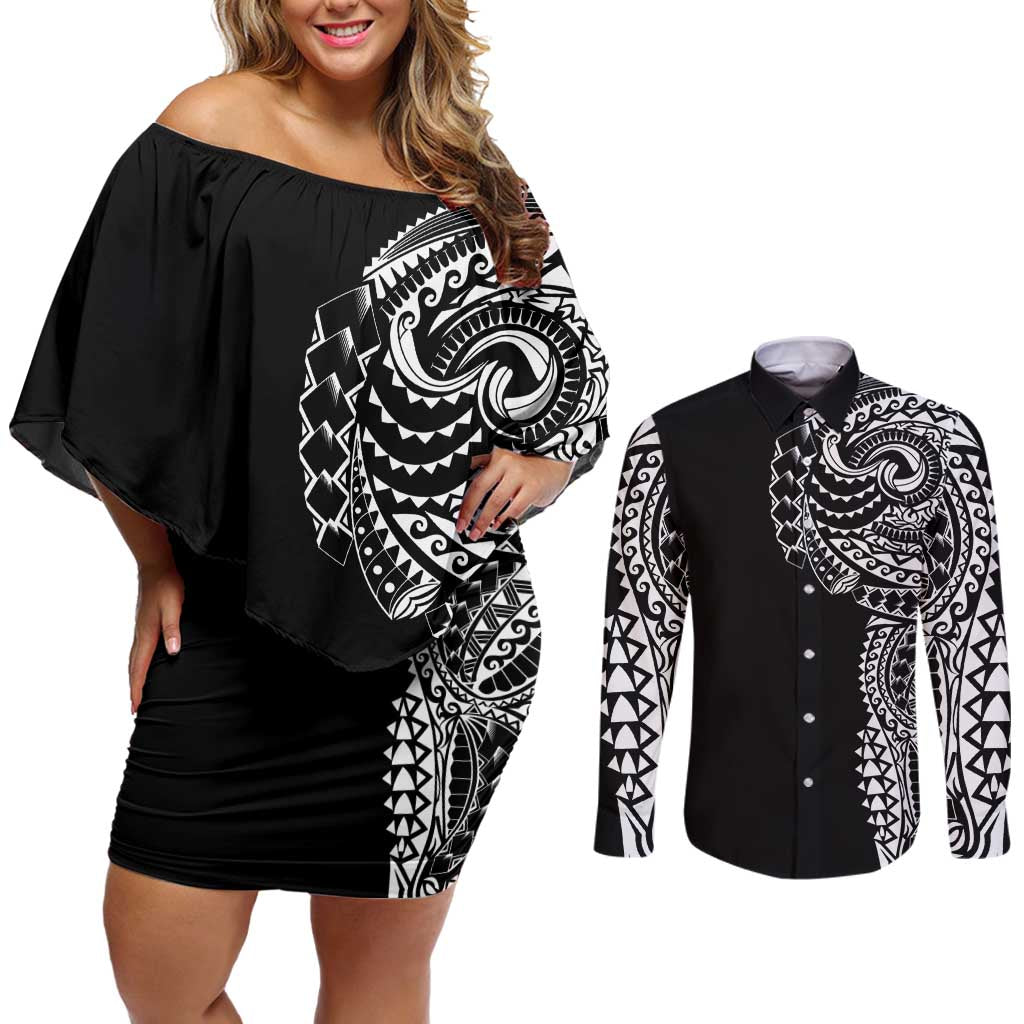 Polynesian Art Traditional Tattoo Couples Matching Off Shoulder Short Dress and Long Sleeve Button Shirt Simple Style