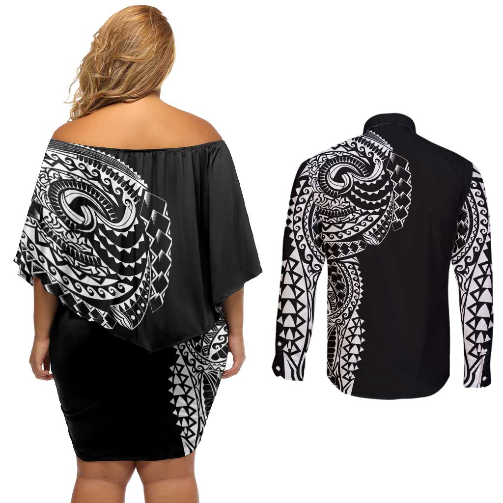 Polynesian Art Traditional Tattoo Couples Matching Off Shoulder Short Dress and Long Sleeve Button Shirt Simple Style