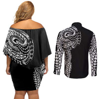 Polynesian Art Traditional Tattoo Couples Matching Off Shoulder Short Dress and Long Sleeve Button Shirt Simple Style