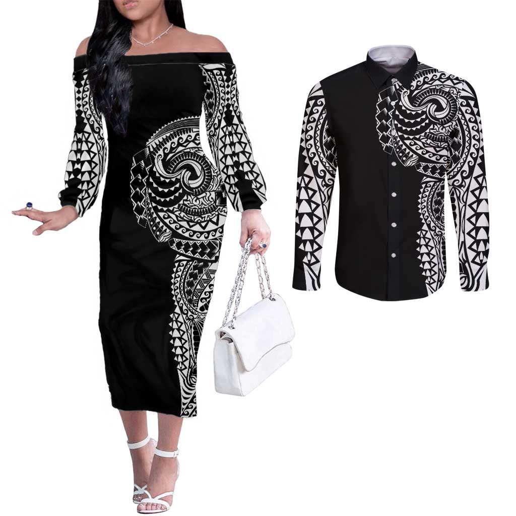 Polynesian Art Traditional Tattoo Couples Matching Off The Shoulder Long Sleeve Dress and Long Sleeve Button Shirt Simple Style