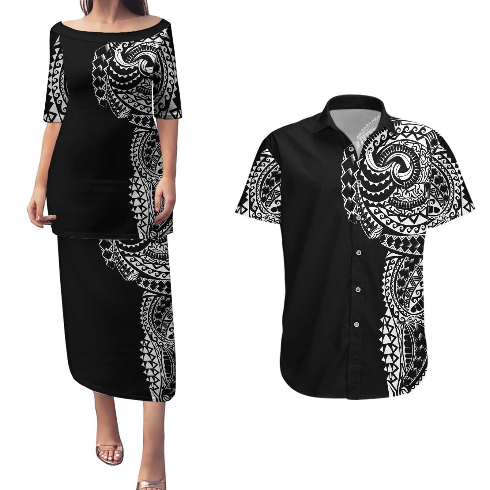 Polynesian Art Traditional Tattoo Couples Matching Puletasi and Hawaiian Shirt Simple Style