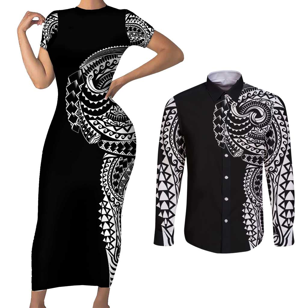 Polynesian Art Traditional Tattoo Couples Matching Short Sleeve Bodycon Dress and Long Sleeve Button Shirt Simple Style