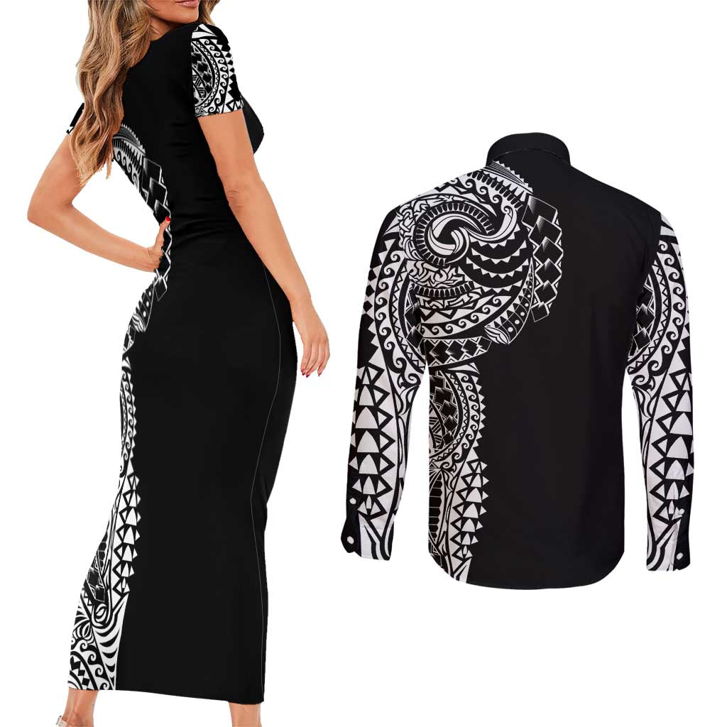 Polynesian Art Traditional Tattoo Couples Matching Short Sleeve Bodycon Dress and Long Sleeve Button Shirt Simple Style