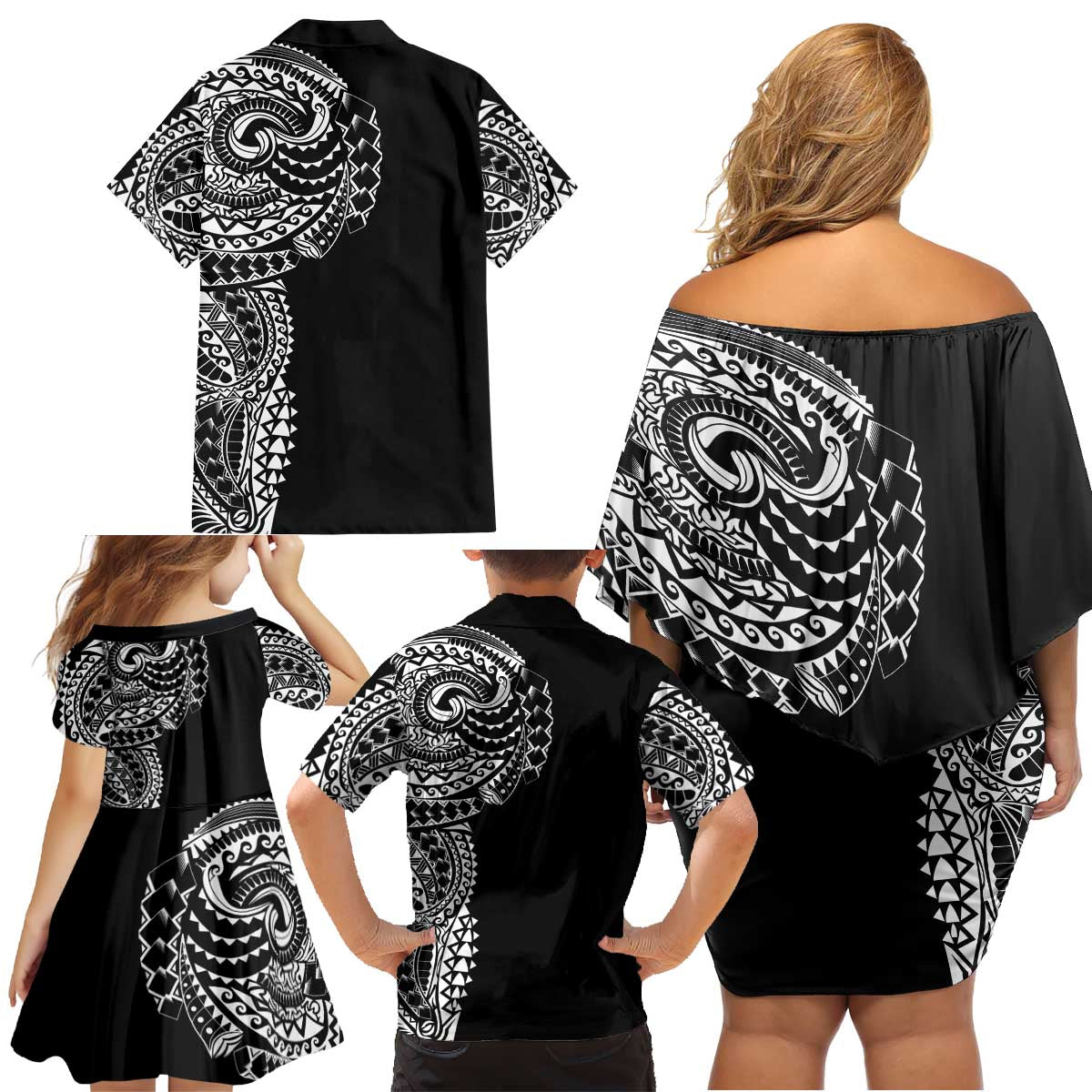 Polynesian Art Traditional Tattoo Family Matching Off Shoulder Short Dress and Hawaiian Shirt Simple Style