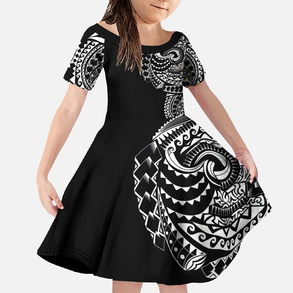 Polynesian Art Traditional Tattoo Family Matching Short Sleeve Bodycon Dress and Hawaiian Shirt Simple Style LT03 Daughter's Dress Black - Polynesian Pride
