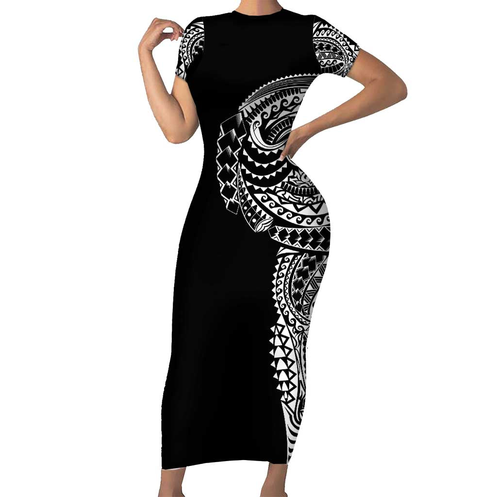 Polynesian Art Traditional Tattoo Family Matching Short Sleeve Bodycon Dress and Hawaiian Shirt Simple Style LT03 Mom's Dress Black - Polynesian Pride