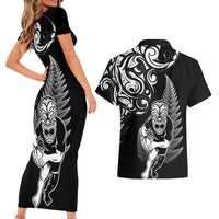 New Zealand Maori Warrior Rugby Couples Matching Short Sleeve Bodycon Dress and Hawaiian Shirt Silver Fern