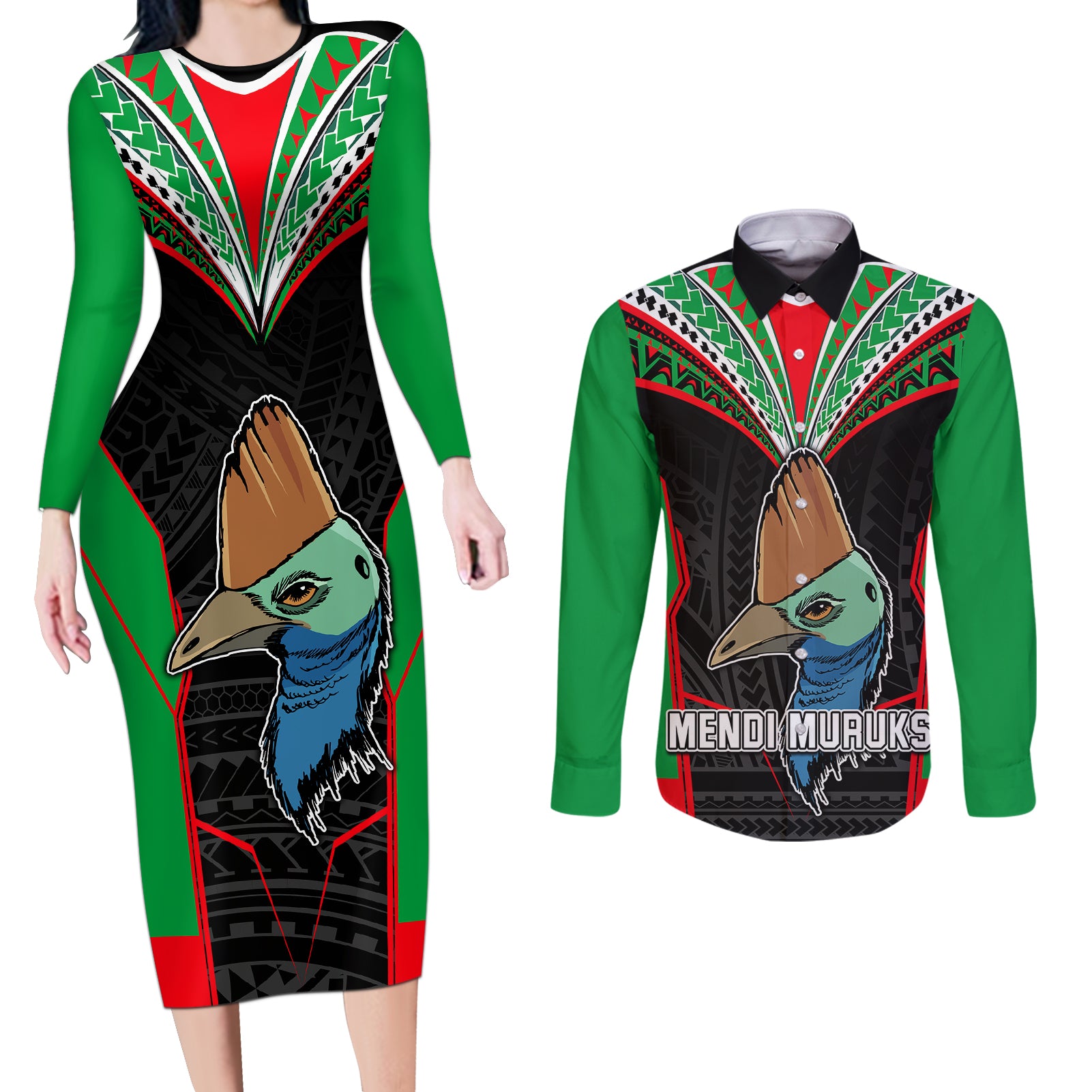 Custom PNG Mendi Muruks Rugby Couples Matching Long Sleeve Bodycon Dress and Long Sleeve Button Shirts The Cassowary Head and PNG Bird Polynesian Tattoo LT03 Green - Polynesian Pride