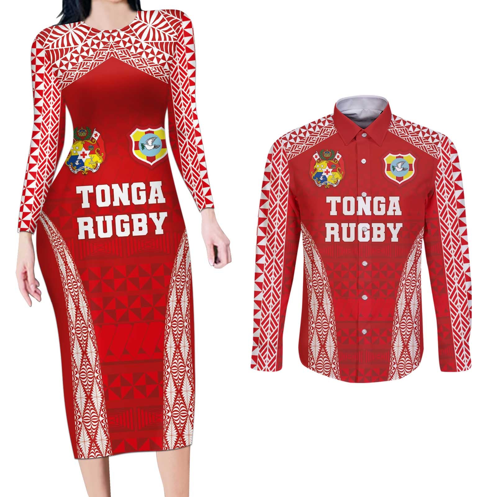 Custom Tonga Pacific Rugby 2024 Couples Matching Long Sleeve Bodycon Dress and Long Sleeve Button Shirt Ngatu Tribal Pattern