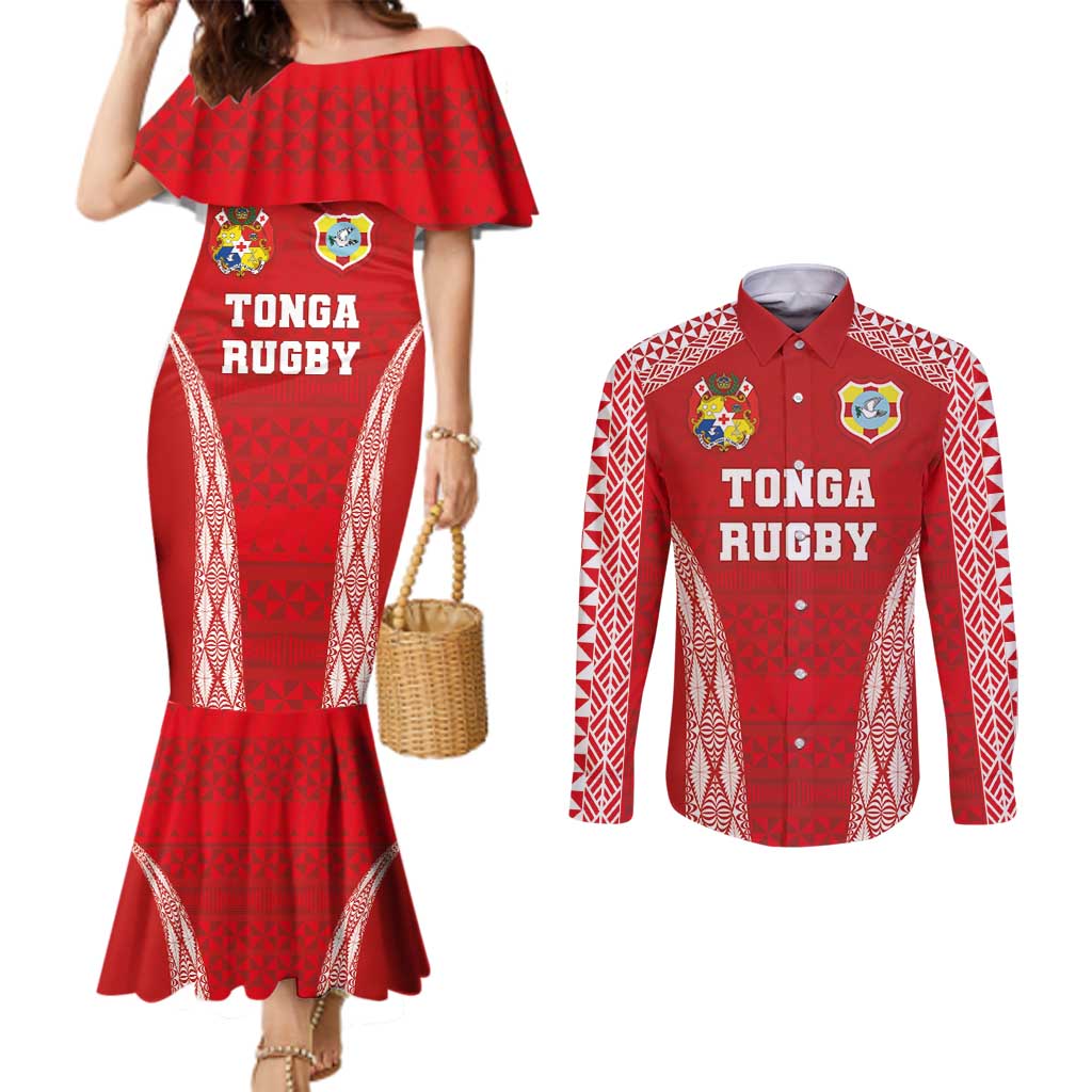 Custom Tonga Pacific Rugby 2024 Couples Matching Mermaid Dress and Long Sleeve Button Shirt Ngatu Tribal Pattern