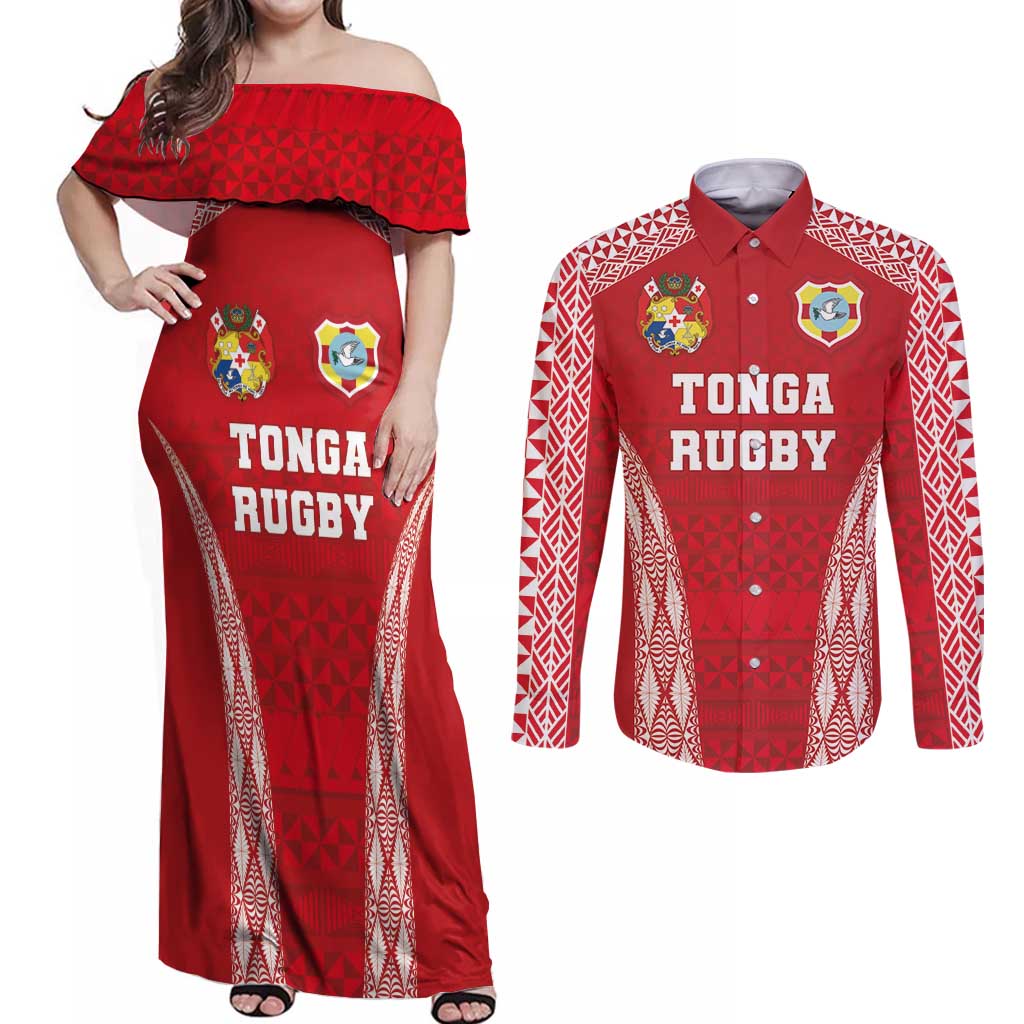 Custom Tonga Pacific Rugby 2024 Couples Matching Off Shoulder Maxi Dress and Long Sleeve Button Shirt Ngatu Tribal Pattern