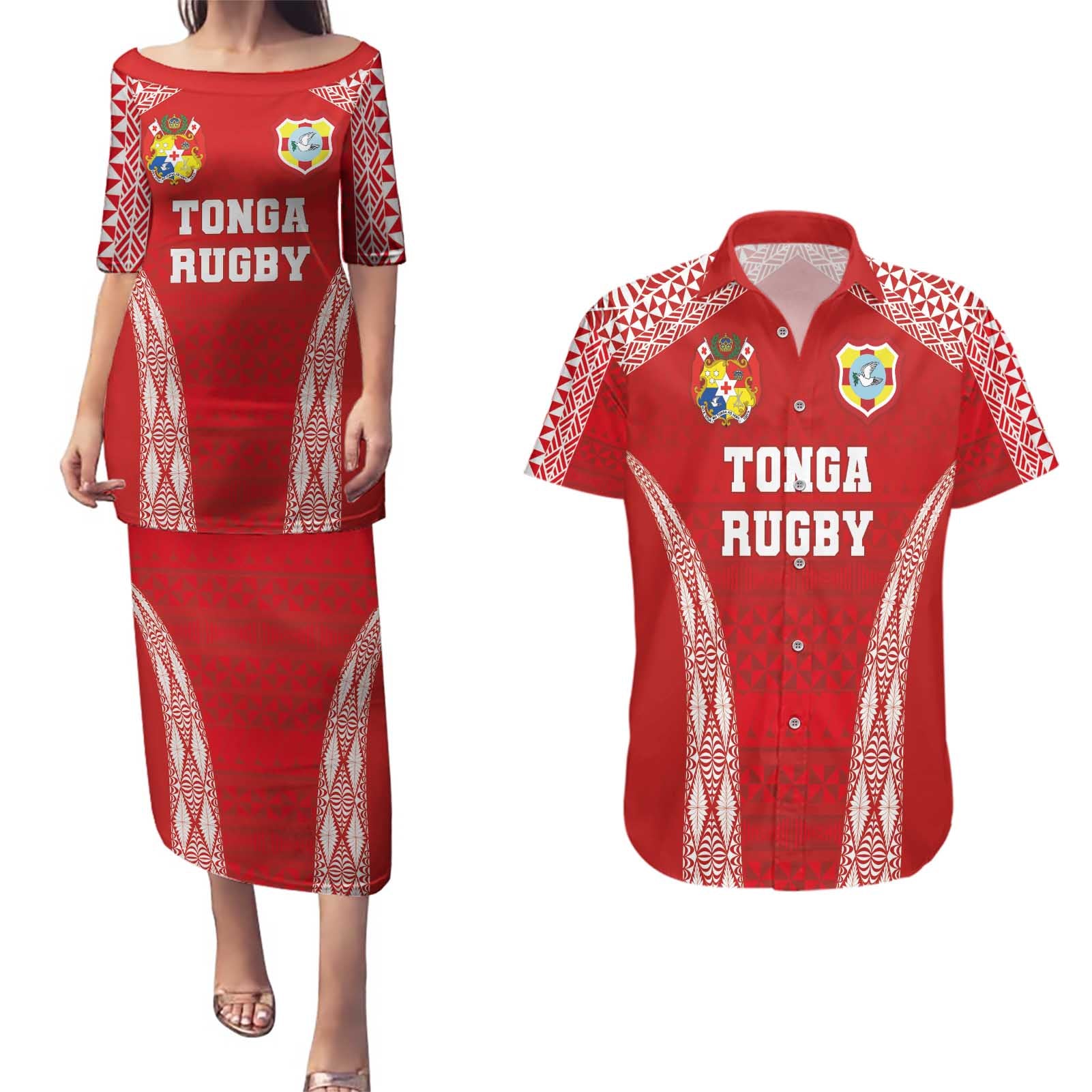 Custom Tonga Pacific Rugby 2024 Couples Matching Puletasi and Hawaiian Shirt Ngatu Tribal Pattern