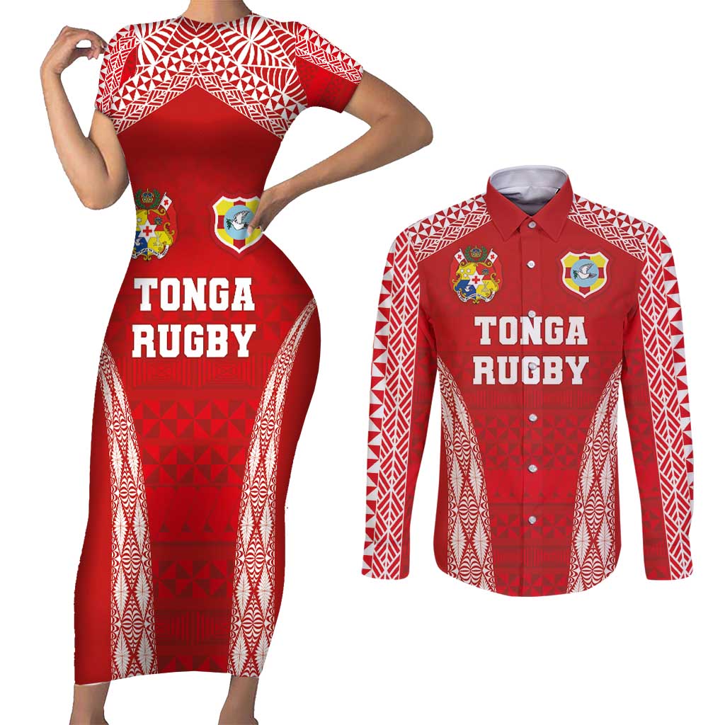 Custom Tonga Pacific Rugby 2024 Couples Matching Short Sleeve Bodycon Dress and Long Sleeve Button Shirt Ngatu Tribal Pattern