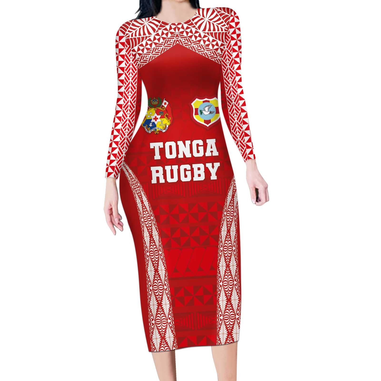 Custom Tonga Pacific Rugby 2024 Long Sleeve Bodycon Dress Ngatu Tribal Pattern