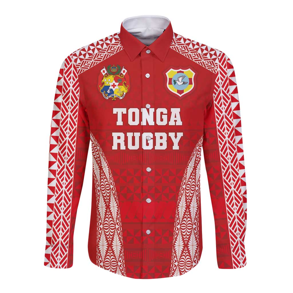 Custom Tonga Pacific Rugby 2024 Long Sleeve Button Shirt Ngatu Tribal Pattern