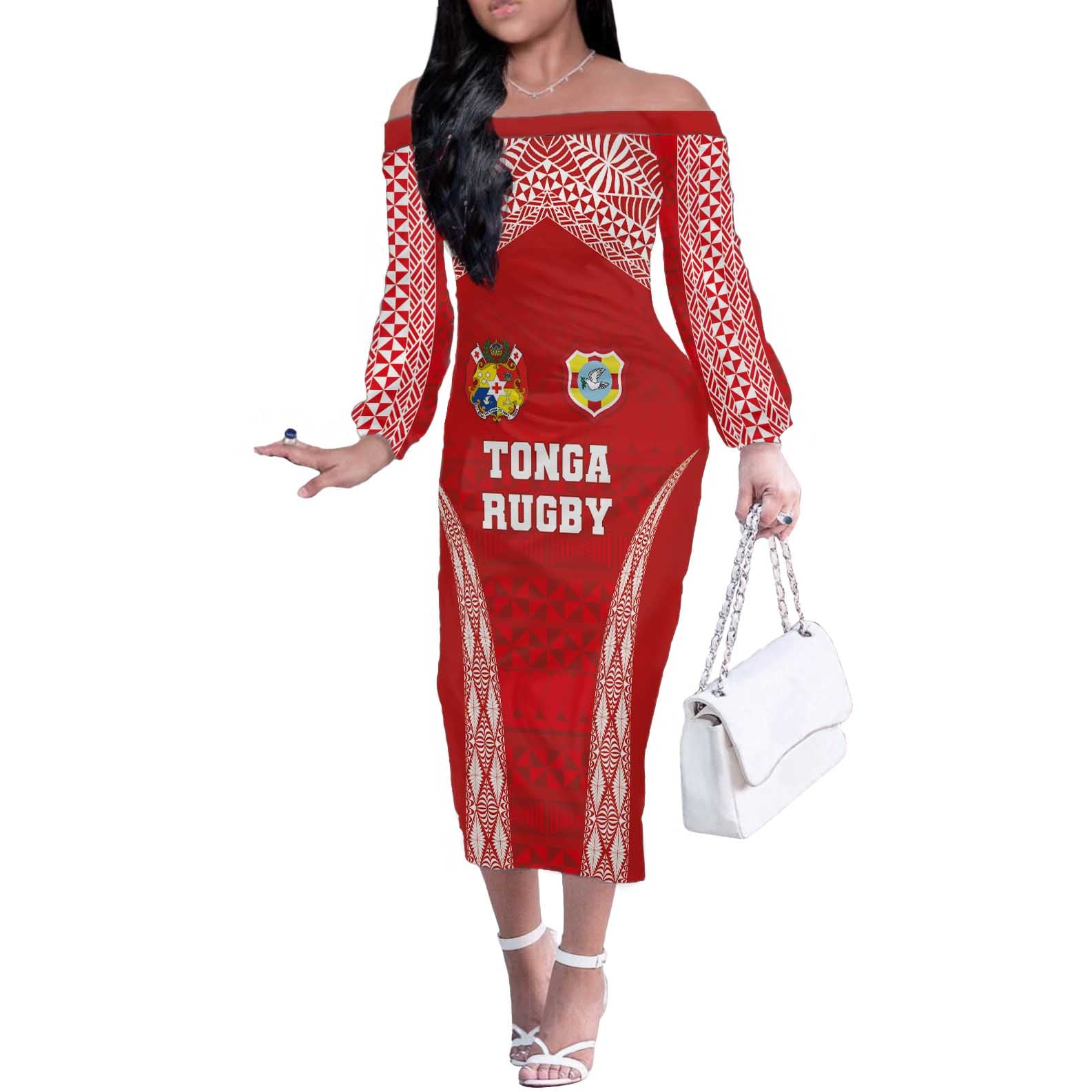 Custom Tonga Pacific Rugby 2024 Off The Shoulder Long Sleeve Dress Ngatu Tribal Pattern