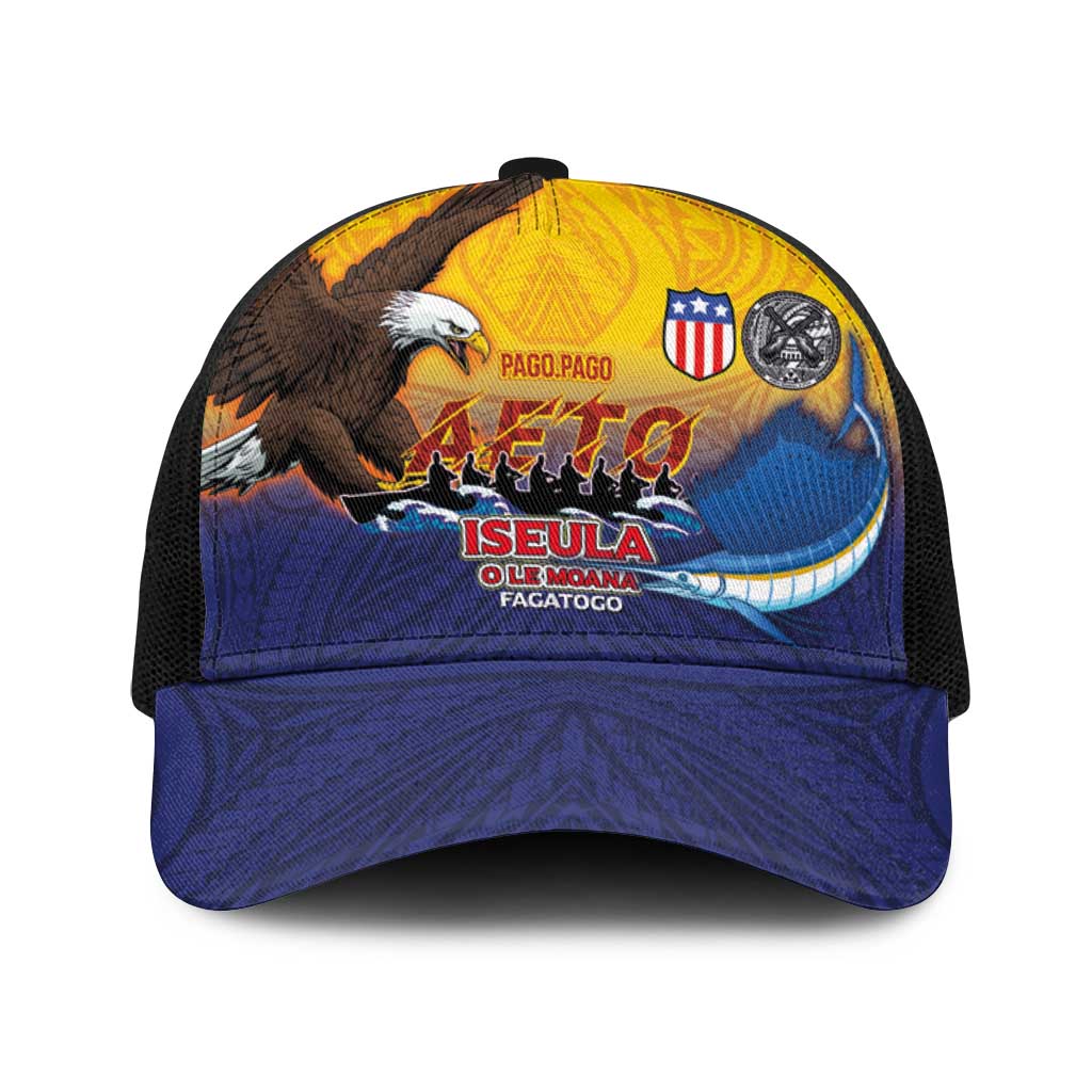 American Samoa Fautasi Baseball Net Cap Bald Eage and Sailfish with Kakau Motifs - Polynesian Pride