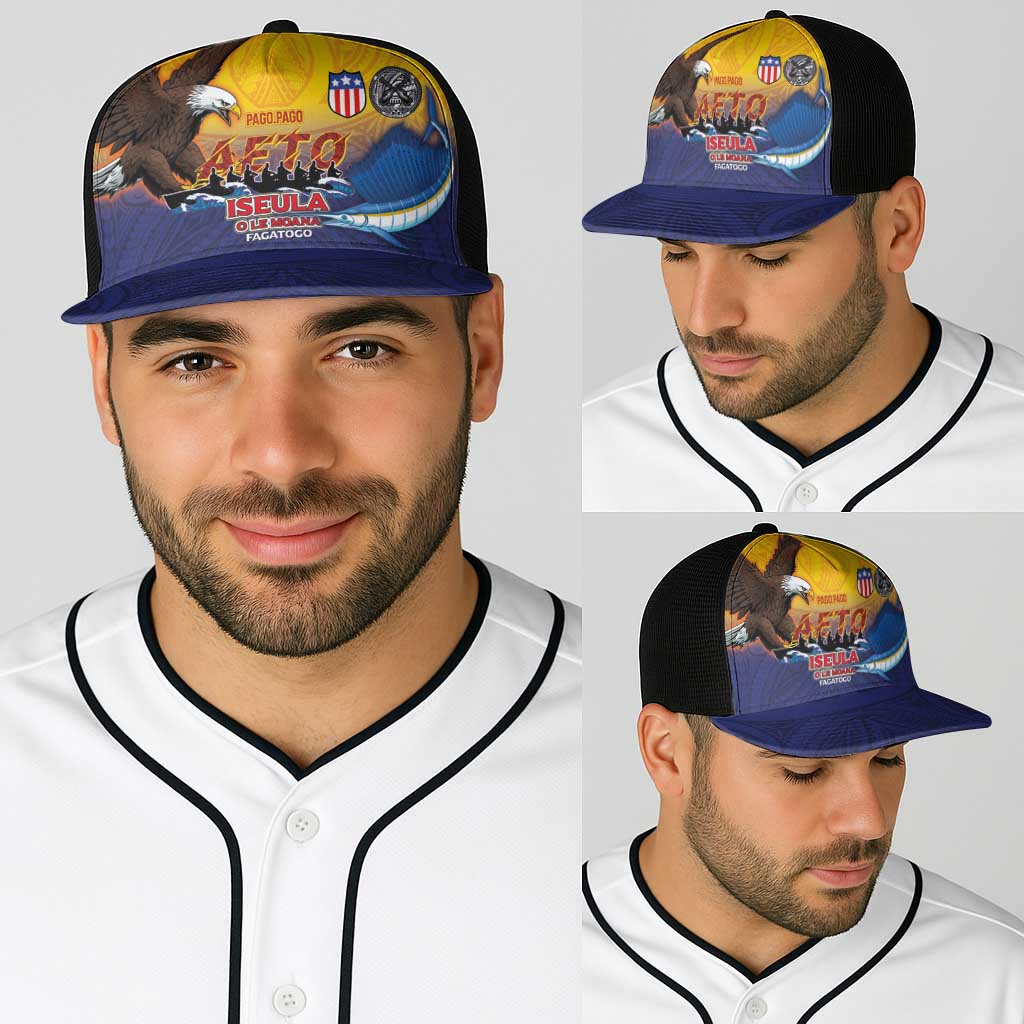 American Samoa Fautasi Baseball Net Cap Bald Eage and Sailfish with Kakau Motifs - Polynesian Pride