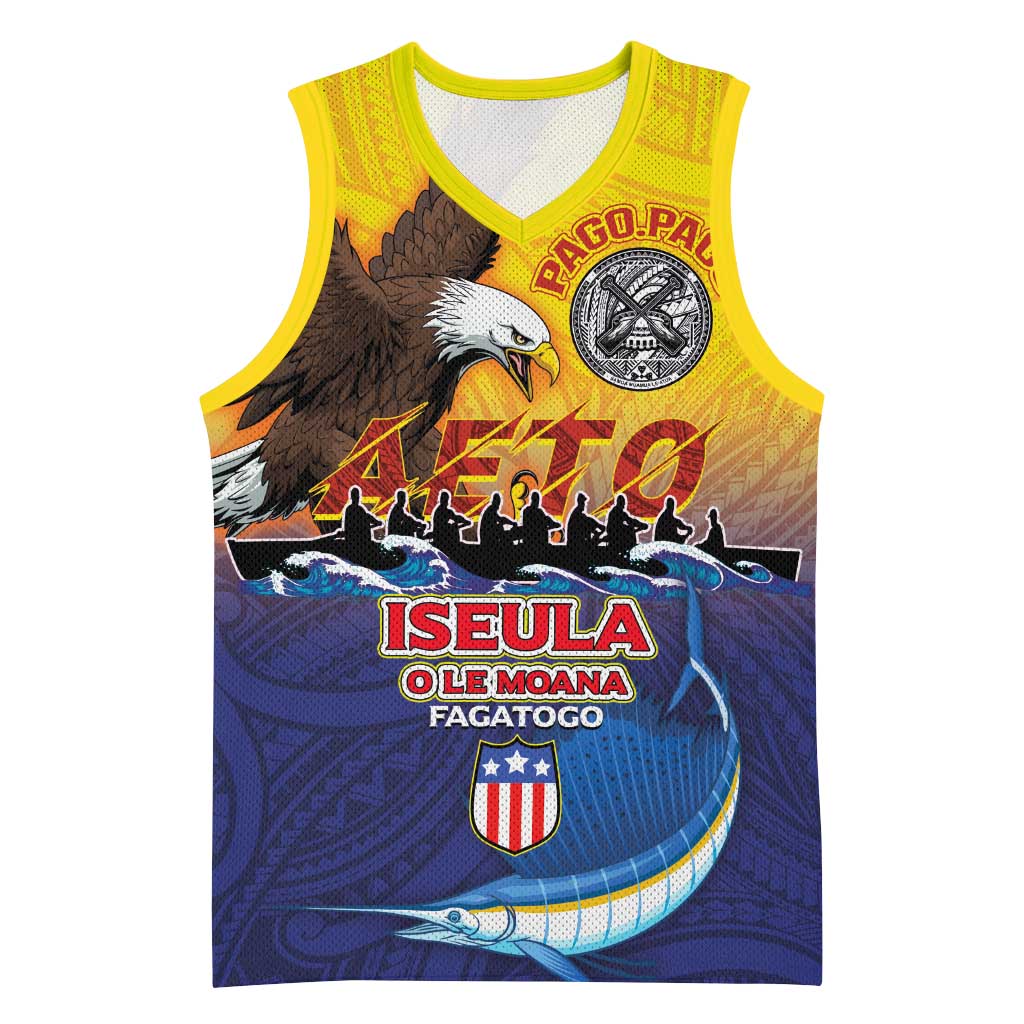 American Samoa Fautasi Basketball Jersey Bald Eage and Sailfish with Kakau Motifs - Polynesian Pride