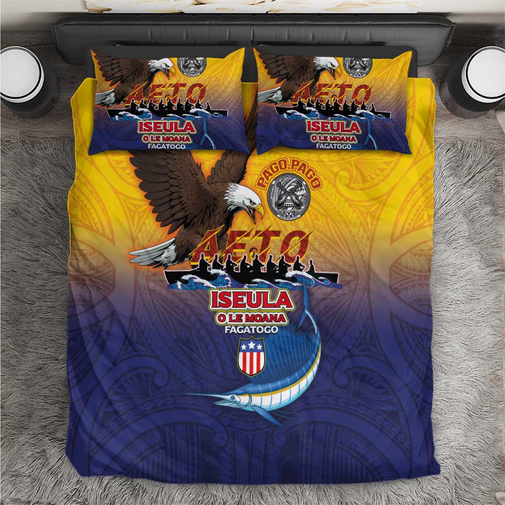 American Samoa Fautasi Bedding Set Bald Eage and Sailfish with Kakau Motifs - Polynesian Pride