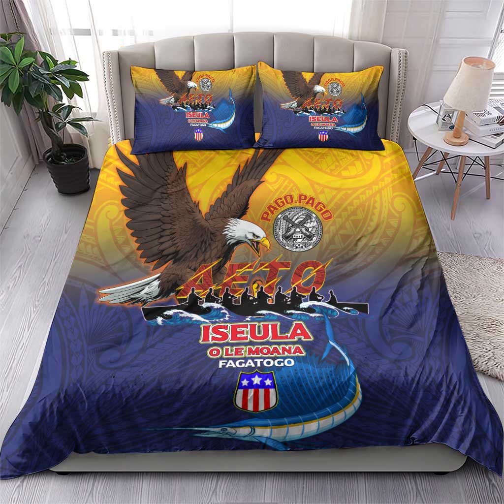 American Samoa Fautasi Bedding Set Bald Eage and Sailfish with Kakau Motifs - Polynesian Pride