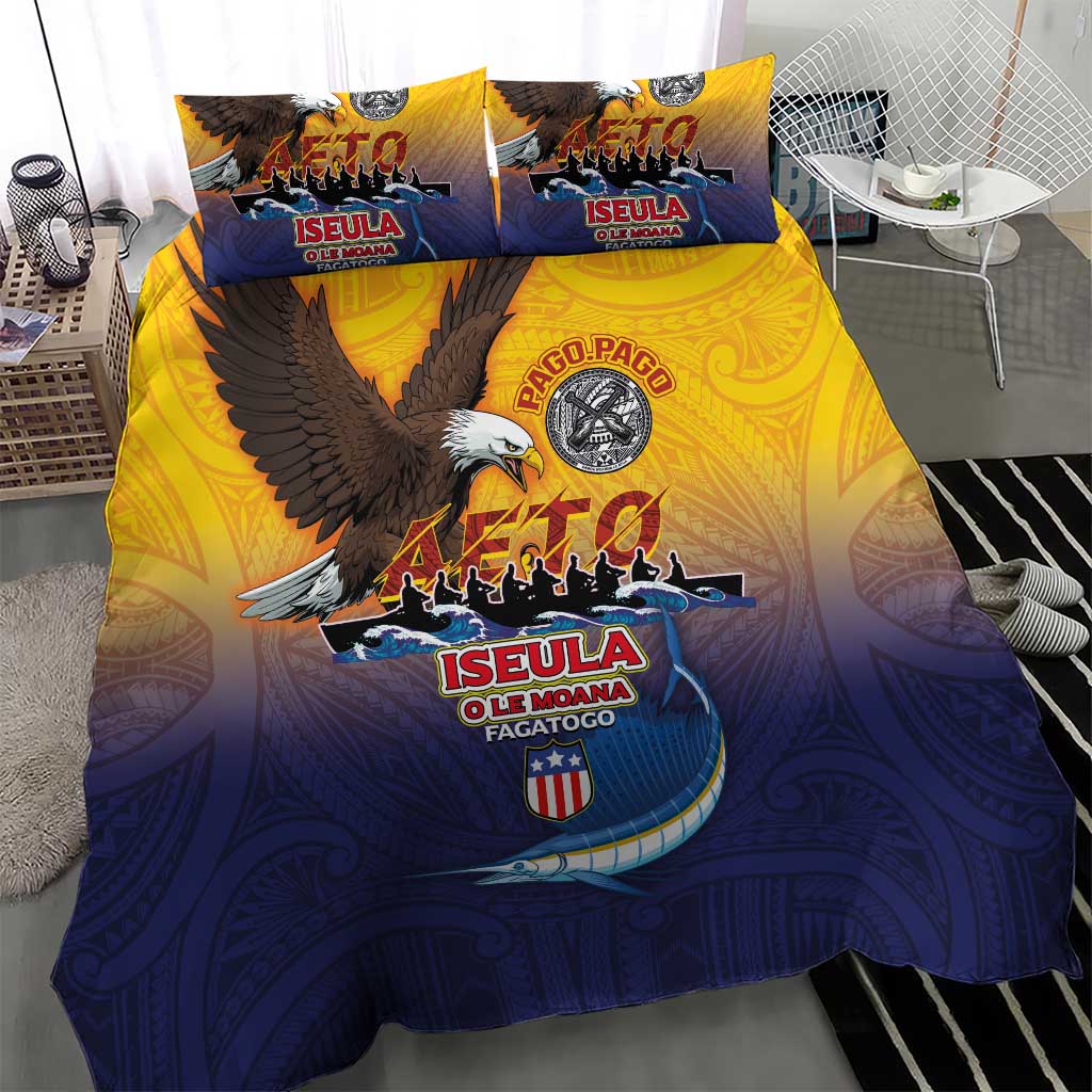 American Samoa Fautasi Bedding Set Bald Eage and Sailfish with Kakau Motifs - Polynesian Pride