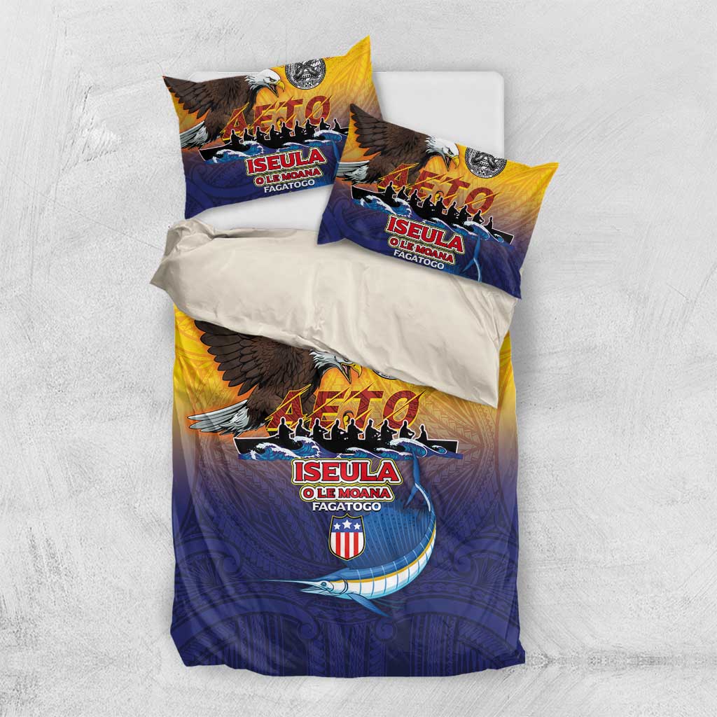 American Samoa Fautasi Bedding Set Bald Eage and Sailfish with Kakau Motifs - Polynesian Pride