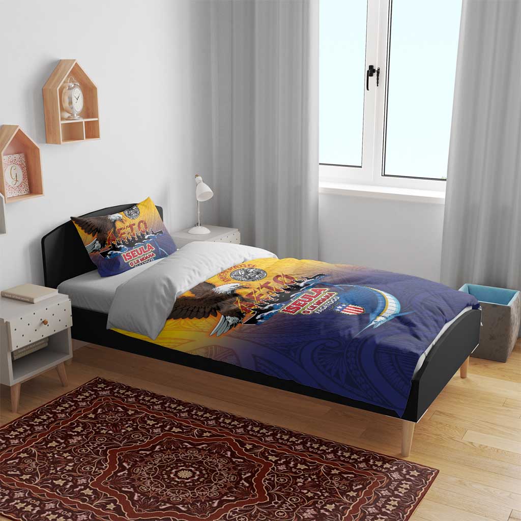 American Samoa Fautasi Bedding Set Bald Eage and Sailfish with Kakau Motifs - Polynesian Pride