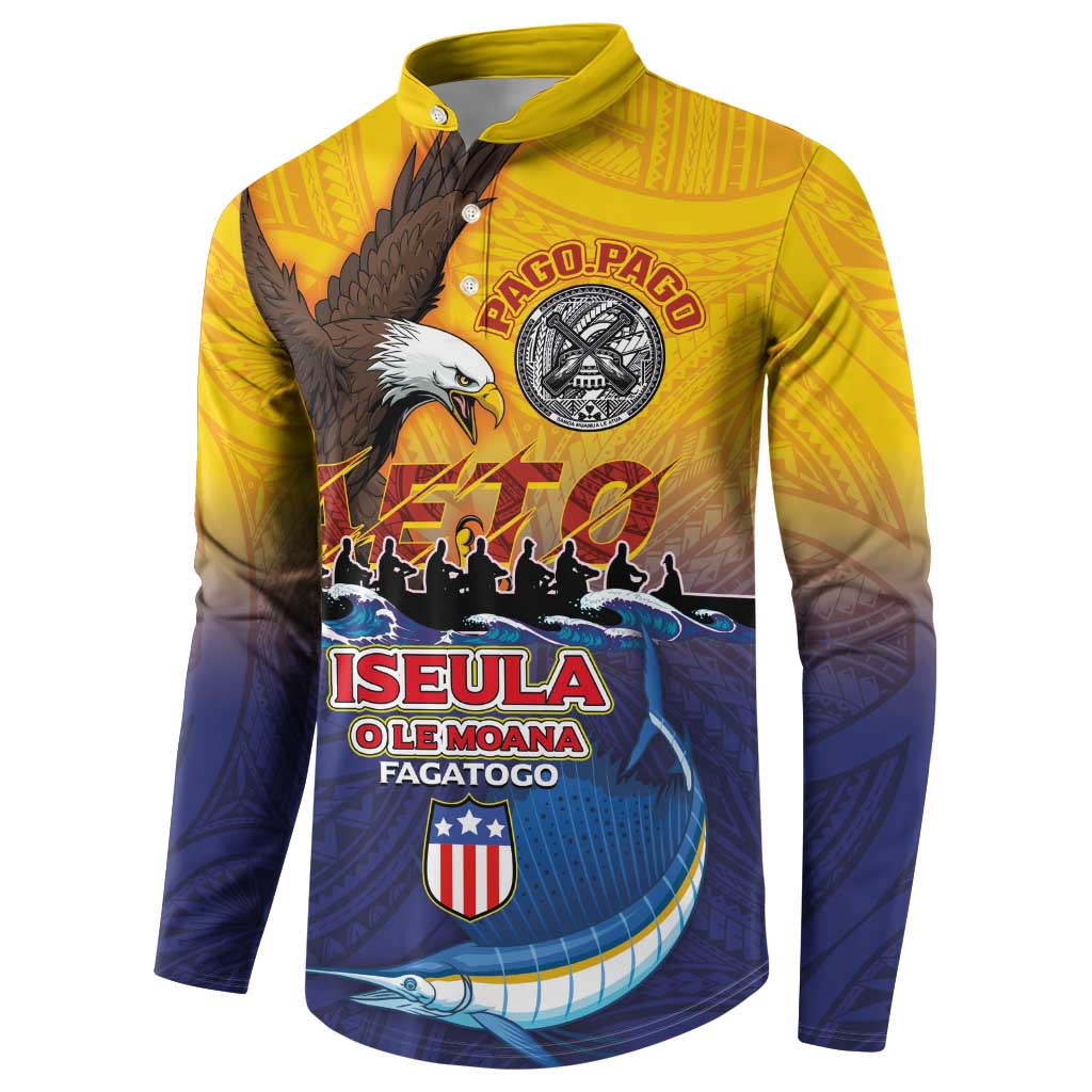 American Samoa Fautasi Button Sweatshirt Bald Eage and Sailfish with Kakau Motifs - Polynesian Pride