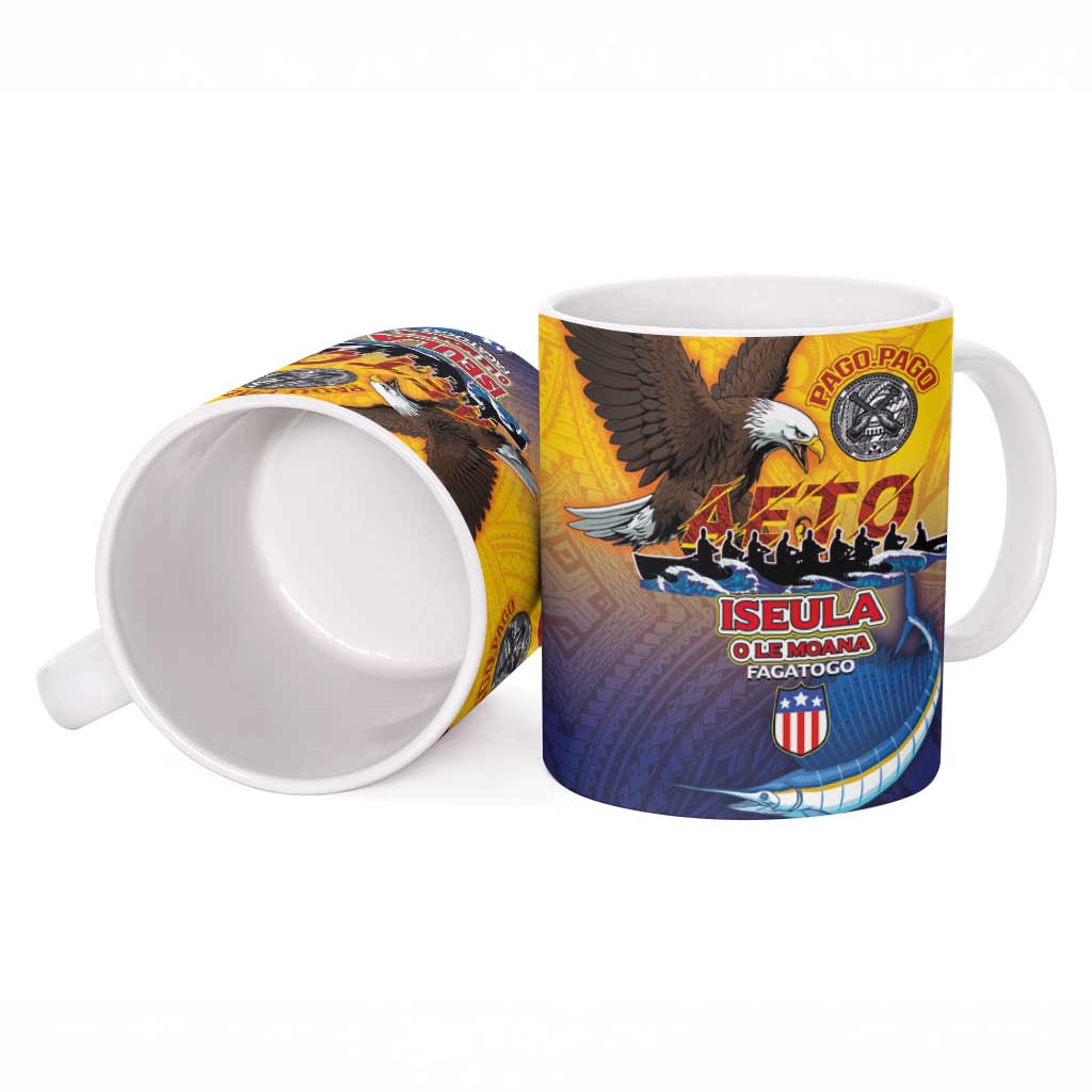 American Samoa Fautasi Ceramic Mug Bald Eage and Sailfish with Kakau Motifs - Polynesian Pride