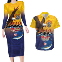 American Samoa Fautasi Couples Matching Long Sleeve Bodycon Dress and Hawaiian Shirt Bald Eage and Sailfish with Kakau Motifs - Polynesian Pride