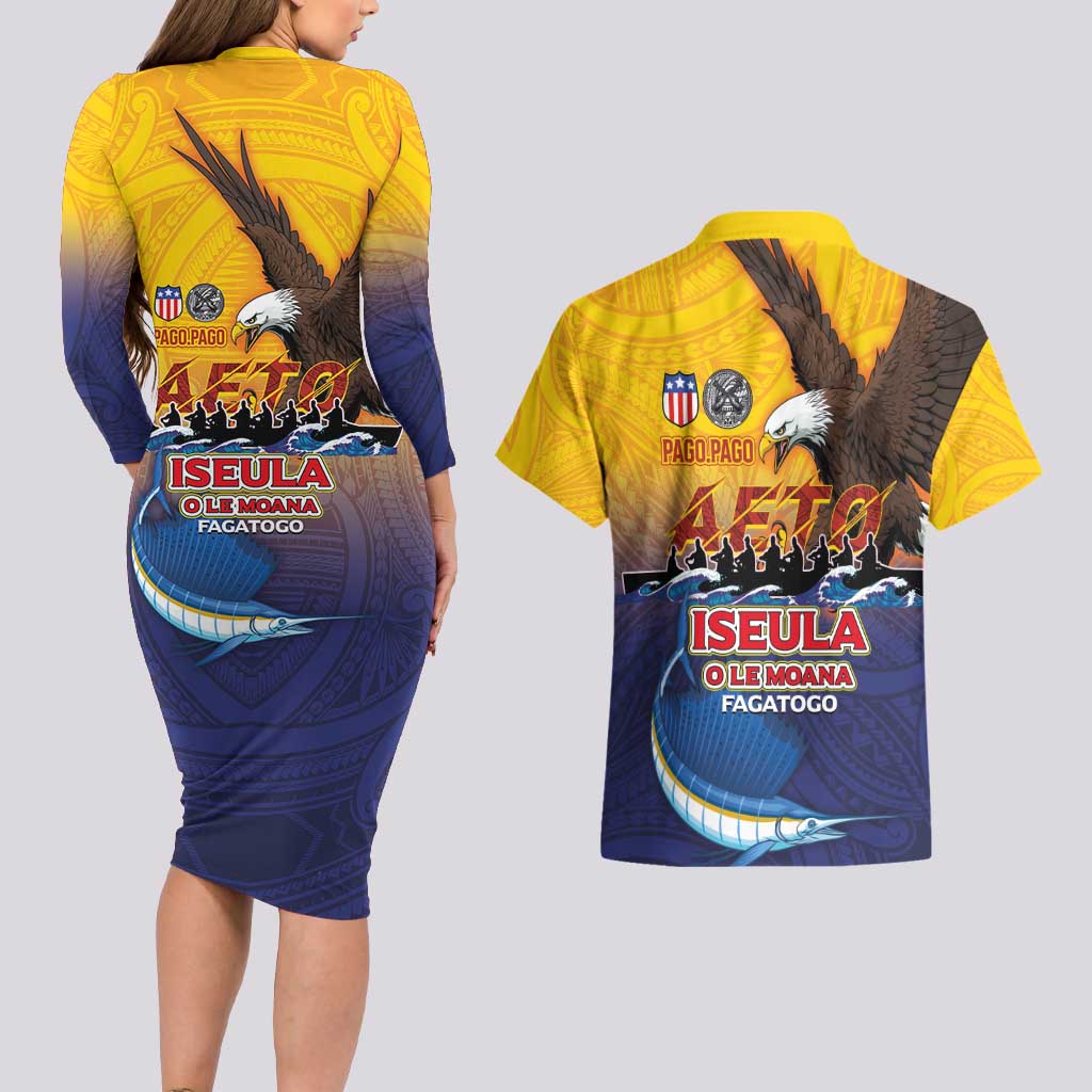 American Samoa Fautasi Couples Matching Long Sleeve Bodycon Dress and Hawaiian Shirt Bald Eage and Sailfish with Kakau Motifs - Polynesian Pride