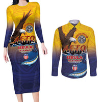 American Samoa Fautasi Couples Matching Long Sleeve Bodycon Dress and Long Sleeve Button Shirt Bald Eage and Sailfish with Kakau Motifs - Polynesian Pride