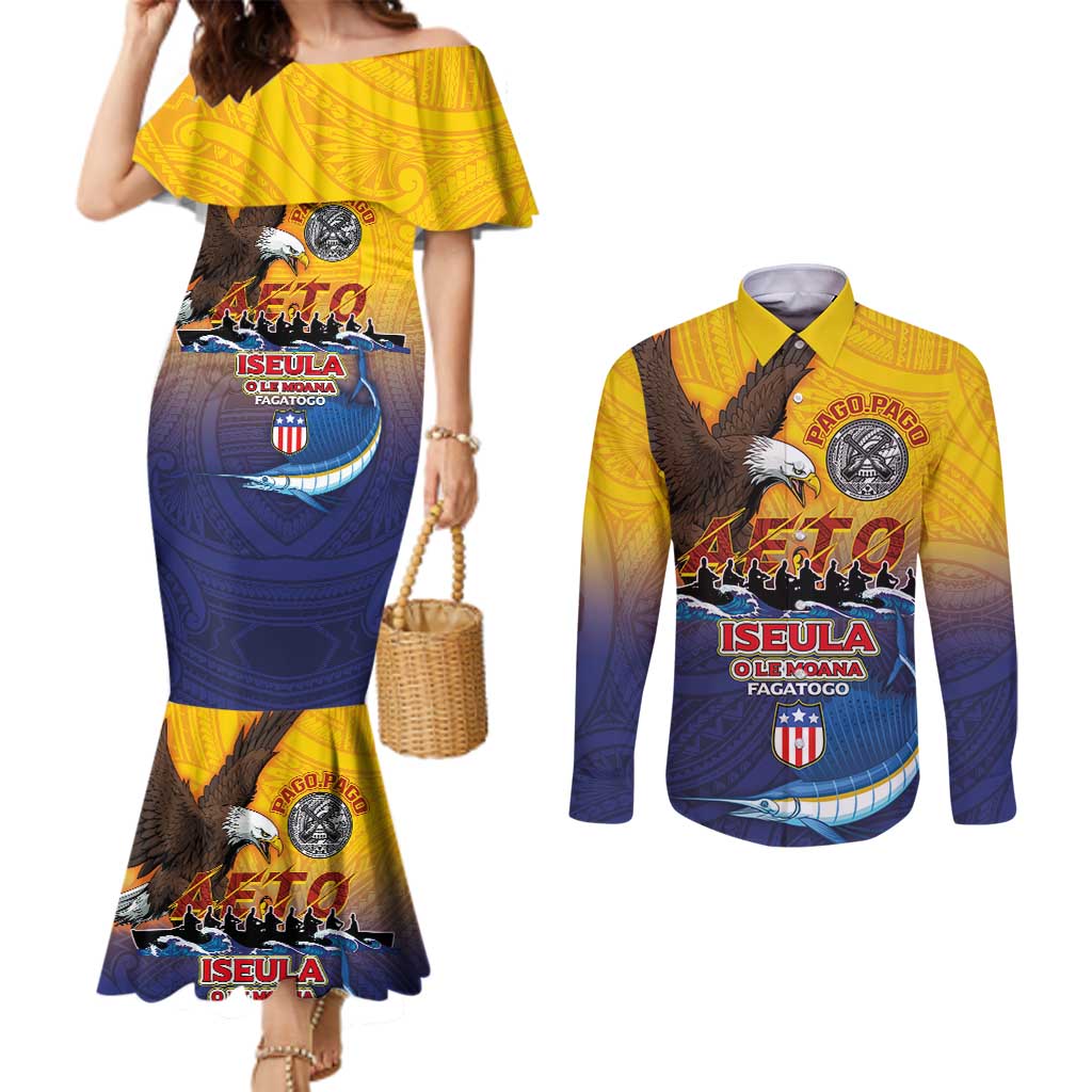 American Samoa Fautasi Couples Matching Mermaid Dress and Long Sleeve Button Shirt Bald Eage and Sailfish with Kakau Motifs - Polynesian Pride