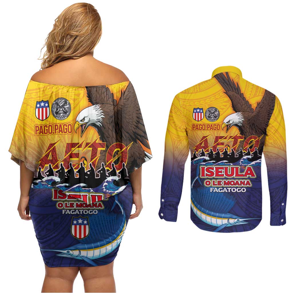 American Samoa Fautasi Couples Matching Off Shoulder Short Dress and Long Sleeve Button Shirt Bald Eage and Sailfish with Kakau Motifs - Polynesian Pride