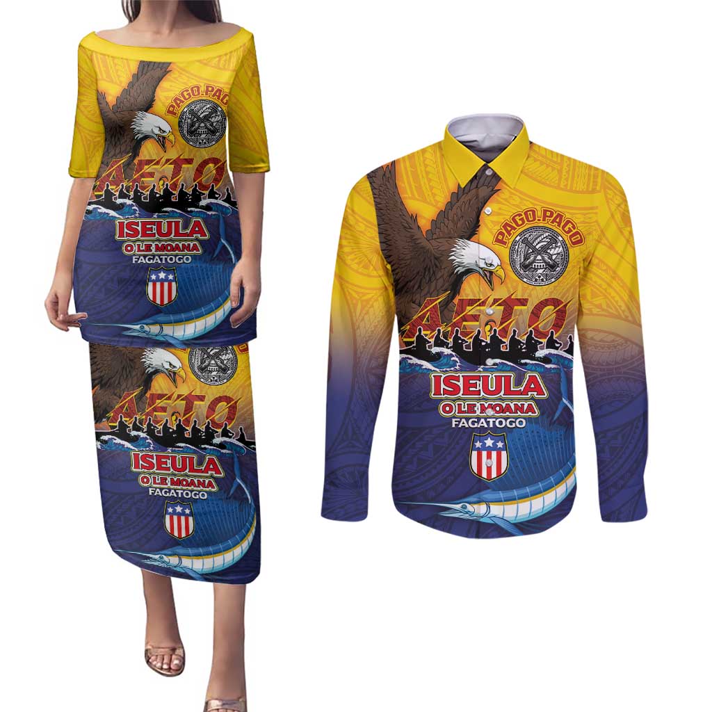 American Samoa Fautasi Couples Matching Puletasi and Long Sleeve Button Shirt Bald Eage and Sailfish with Kakau Motifs - Polynesian Pride