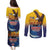 American Samoa Fautasi Couples Matching Puletasi and Long Sleeve Button Shirt Bald Eage and Sailfish with Kakau Motifs - Polynesian Pride