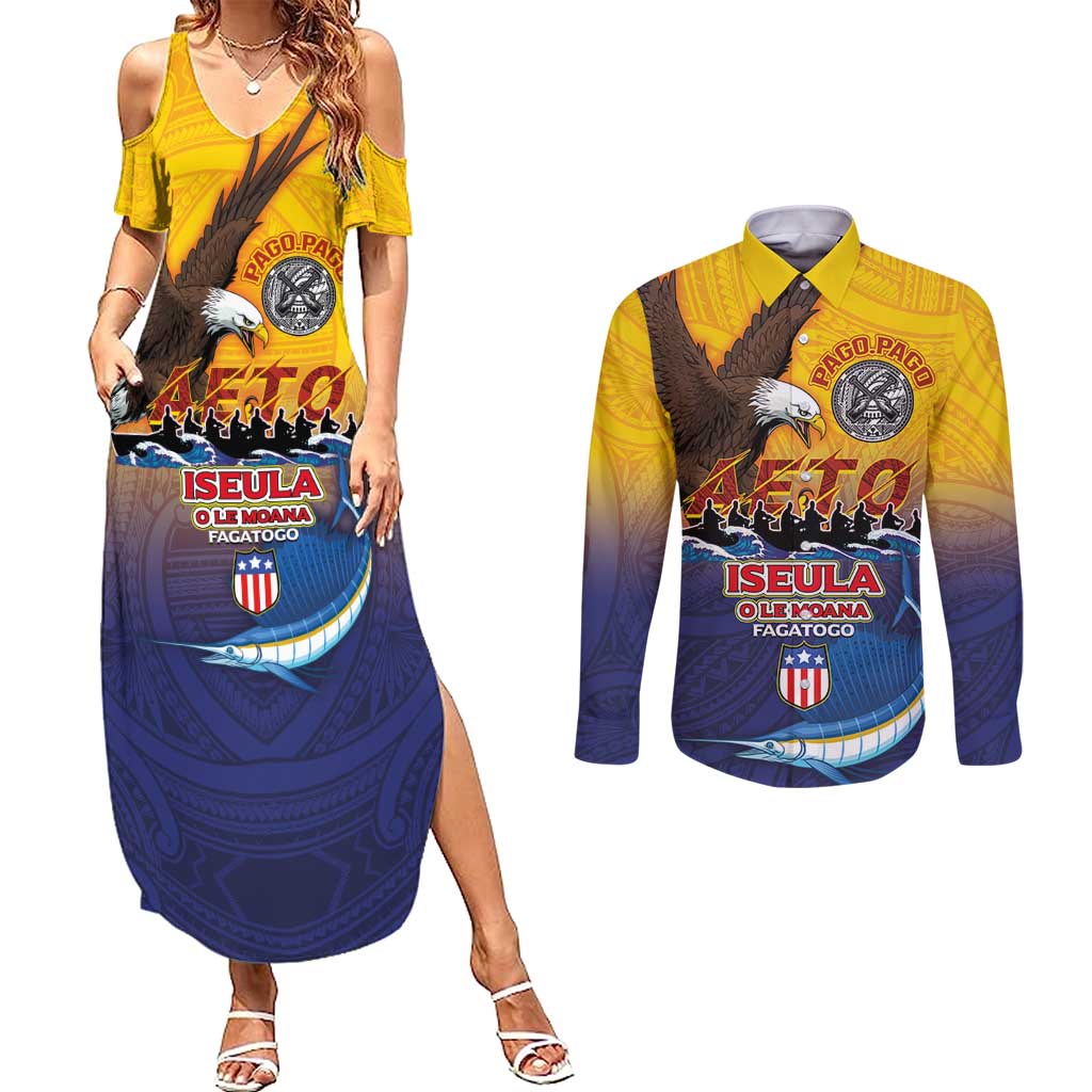 American Samoa Fautasi Couples Matching Summer Maxi Dress and Long Sleeve Button Shirt Bald Eage and Sailfish with Kakau Motifs - Polynesian Pride