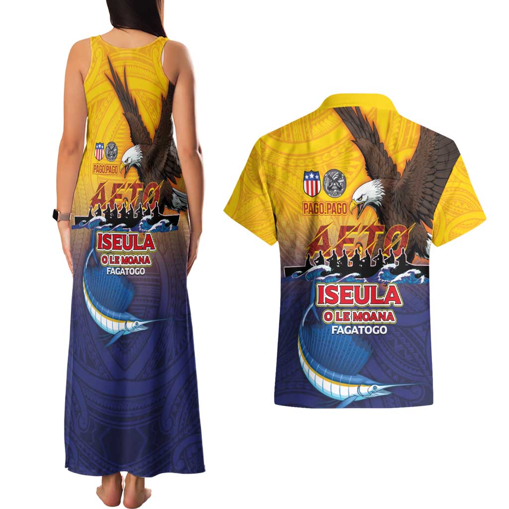 American Samoa Fautasi Couples Matching Tank Maxi Dress and Hawaiian Shirt Bald Eage and Sailfish with Kakau Motifs - Polynesian Pride