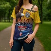 American Samoa Fautasi Cross Shoulder Shirt Bald Eage and Sailfish with Kakau Motifs - Polynesian Pride